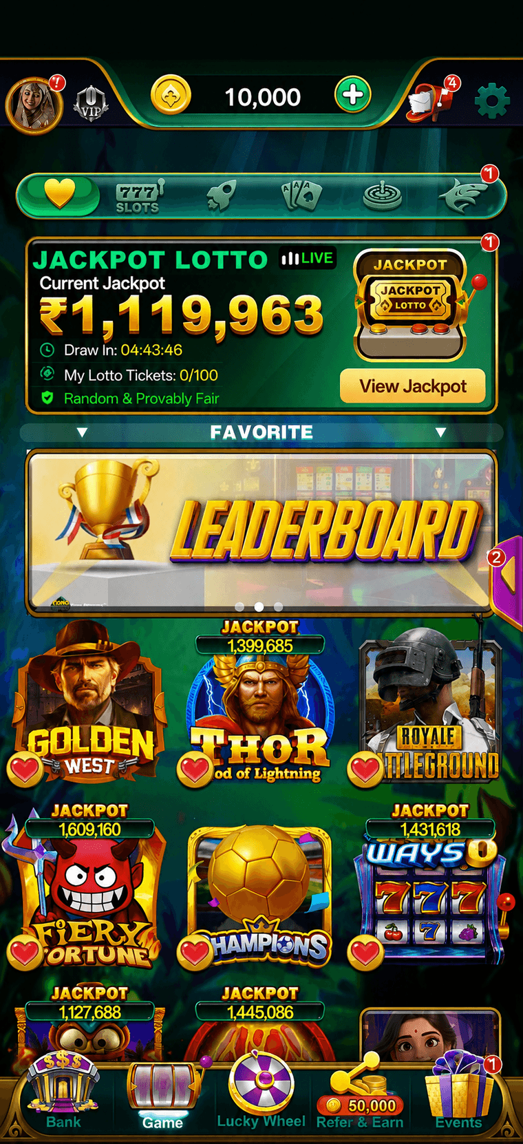 YonoBets Game app home screen showing jackpot lotto, favourite games and the ₹10,000 welcome bonus