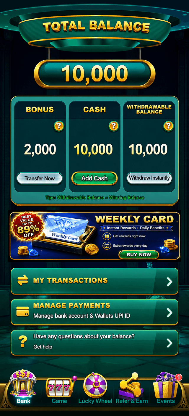 YonoBets Game app wallet showing balance and UPI payment management