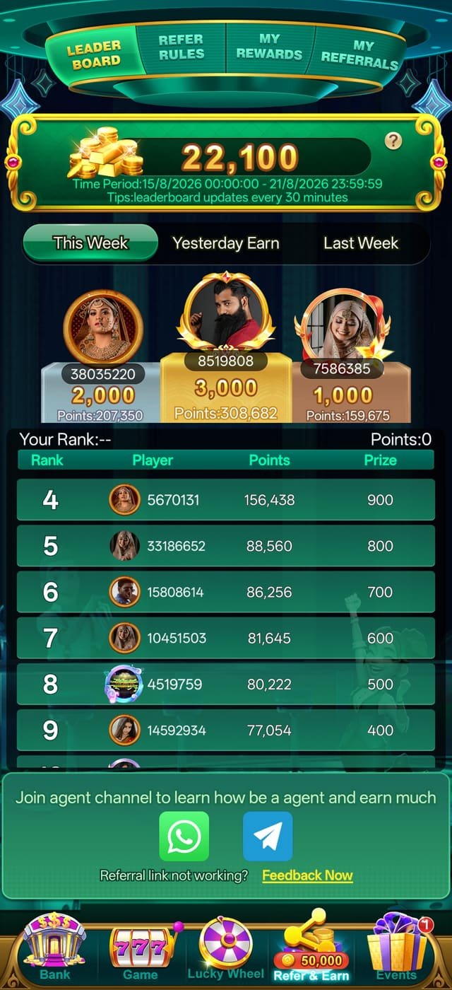 YonoBets Game app weekly leaderboard and player rankings