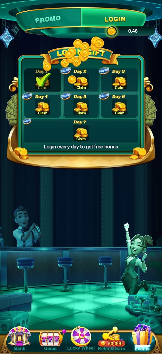 YonoBets Game app seven-day daily login bonus calendar