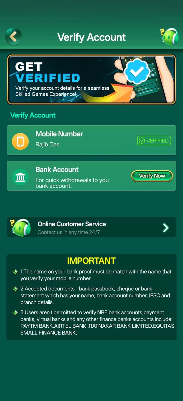 YonoBets Game app account verification and security screen